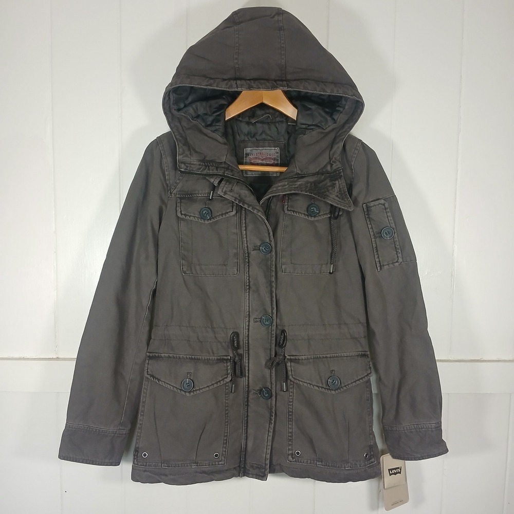 New -‎ Levis Utility Field Jacket Women XS Gray Hooded Quilted Lining LW5RC337